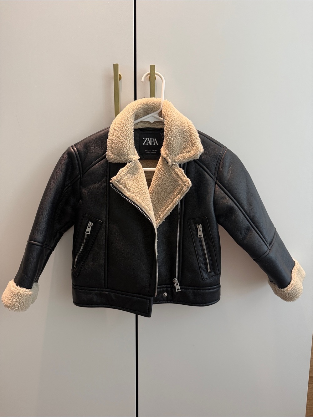 Zara Kids Black Faux Leather Puffer Jacket with Cream Sherpa Trim